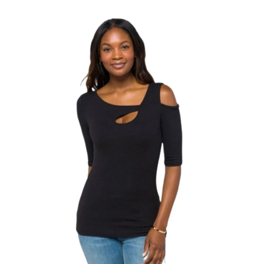 Goldray Womens M Black Knit Pullover Top Solid Boat Neck 3/4 Sleeve Regular